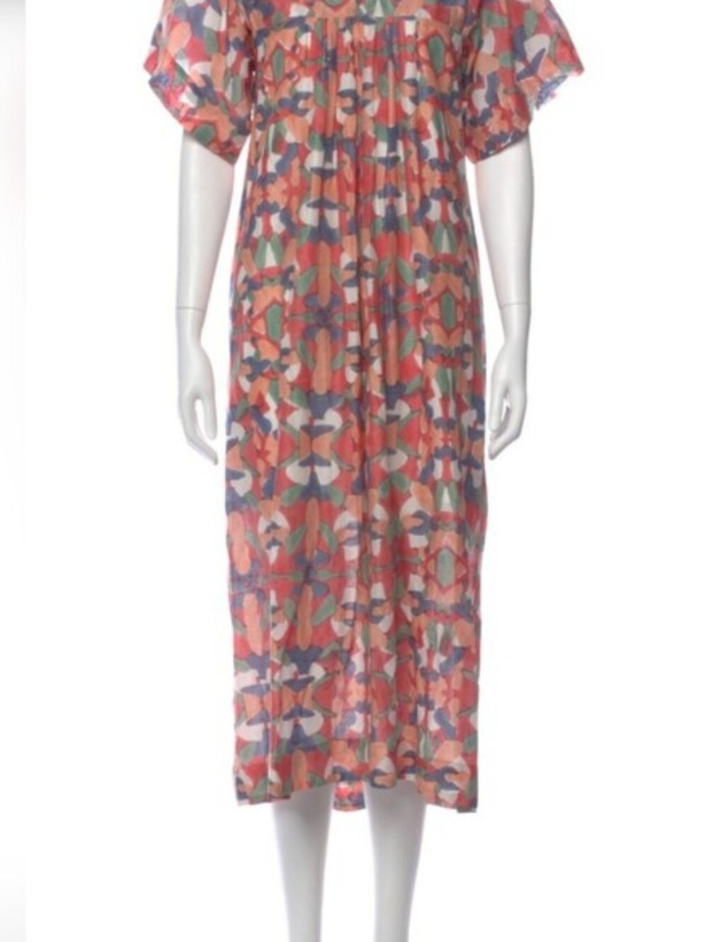 NWT MIRTH Maxi Dress Elastic Neckline Tie Waist Flutter Sleeve Sz Lg Pink Gray - Picture 1 of 10